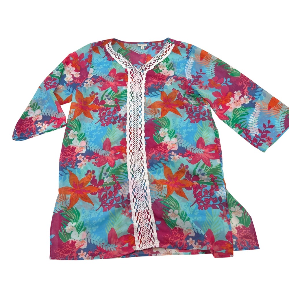Talbots Womens Floral Print Kimono Cover Up Blouse‎ Blue Pink Orange Size S